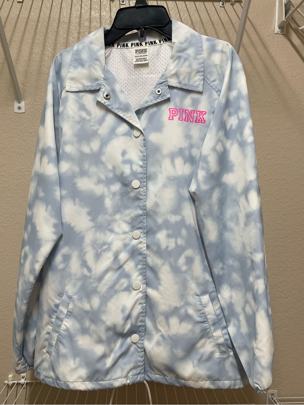 PINK Victoria's Secret Light Blue and White Tie-Dye Coach Jacket